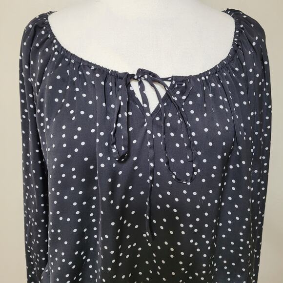 Ellen Tracy Women's Black Polka Dot Smocked Waist Blouse Top Scoop Neck Large - Picture 4 of 10